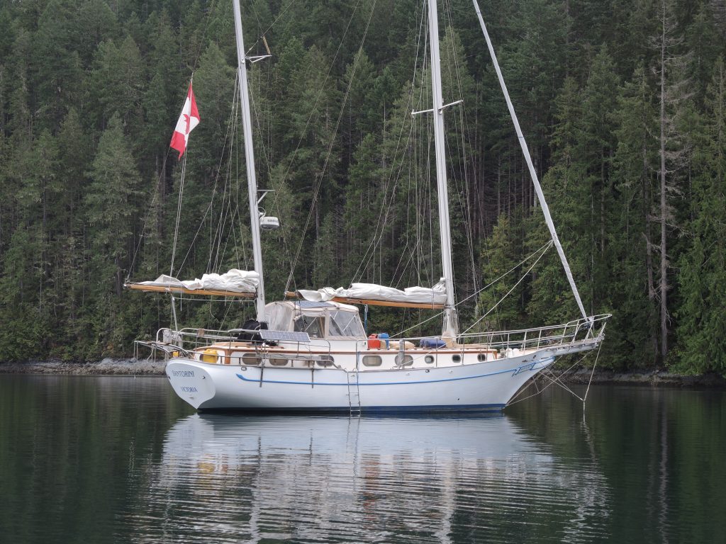 Santorini, anchored in Prideaux Haven, Britich Columbia, Canada